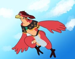 anthro avian balls big_balls big_penis bottomwear clothing cloudscape flying foreskin genitals girly humanoid_genitalia loincloth male nintendo penis rito sky solo tears_of_the_kingdom the3dmilf the_legend_of_zelda