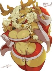 2022 3:4 anthro antlers bandeau bell bell_collar big_breasts blonde_hair bottomwear braided_hair breasts brown_body capreoline christmas christmas_clothing cleavage clothed clothing coat collar countershading deer female gesture hair hi_res high-angle_view holding_object holidays horn hotpants kaeritai07 legwear looking_at_viewer mammal merry_christmas navel raised_hand reindeer sack shorts smile solo text thick_thighs thigh_highs thong_above_skirt thong_straps topwear v_sign wide_hips