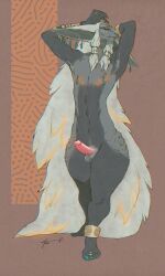 anthro armpit_hair armpit_tuft balls big_ears black_body black_fur blushing_yokai body_hair ear_piercing ear_ring fur genitals grey_body grey_fur hair hands_behind_head hi_res humanoid_genitalia humanoid_penis long_hair male male_only nintendo nipples nude penis piercing pinup pose rauru_(tears_of_the_kingdom) ring_(jewelry) ring_piercing solo tears_of_the_kingdom the_legend_of_zelda third-party_edit white_hair wide_hips zonai