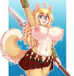 anthro armor belt big_breasts blonde_hair blue_eyes bone bottomwear breasts canid canine canis clothed clothing cute_fangs dobrota domestic_dog female freya_eisfried fur hair hi_res holding_object holding_weapon kemono kilt long_hair mammal melee_weapon nipples open_mouth partially_clothed polearm raised_arm skirt skull skull_belt smile solo spear tan_body tan_fur topless vambrace weapon