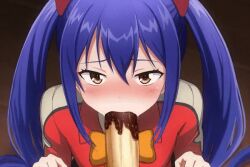 1boy 1girls 2d animated blowjob blue_hair blush brown_eyes chocolate_on_penis clothing fairy_tail fellatio female food_on_penis forced forced_oral hair_between_eyes long_hair looking_at_viewer male open_mouth penis tosaka_(tosaka0001) twintails uncensored wendy_marvell young younger_female