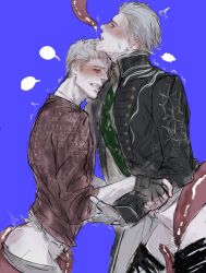 2boys blue_background devil_may_cry devil_may_cry_(series) devil_may_cry_5 father_and_son gay incest nero_(devil_may_cry) no_visible_genitalia tentacle tentacle_sex vergil yaoi