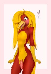 absurd_res anthro avian beak bird catcake5 chrysolophus clothing embarrassed feathers galliform glori_gamebird golden_pheasant hair hi_res leotard long_hair long_tail phasianid red_body red_feathers tail yellow_beak yellow_body yellow_feathers