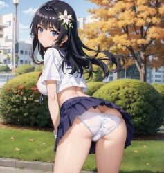 1girls ai_generated ass bent_over big_ass big_breasts black_hair blue_eyes breasts busty come_hither covered_nipples erect_nipples_under_clothes female female_only large_breasts legs looking_at_viewer looking_back midriff panties pantyshot saten_ruiko school_uniform schoolgirl sideboob skirt solo thighs to_aru_kagaku_no_railgun to_aru_majutsu_no_index underwear