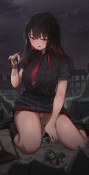 anime_style black_dress black_hair city cityscape clouds destruction giantess girl hands holding holding_object kneeling kuroihassan long_hair macro macrophilia night pixiv plant red_eyes red_strand_of_hair red_tie saliva_string shoes shrunken size_difference socks table thighs tiny_human tiny_person tongue_out white_panties