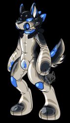 anthro canid canine canis chastity_bulge chastity_device clothing collar drone gas_mask hi_res hypnosiswolf lock_bulge male mammal mask rubber rubber_clothing rubber_suit solo visor wolf