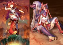 2girls animal_ears aphrodisiac armpits before_and_after cat_ears chloroform cum cumming defeated defeated_heroine demon drugged empty_eyes humiliation kemono magical_girl meten multiple_girls original red_eyes red_hair short_skirt skirt spread_legs stockings sword thighhighs white_hair