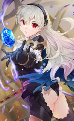 1girls alternate_costume armor ass bare_thighs big_ass black_hairband black_panties black_thighhighs blue_cape breasts cape cleavage cleavage_cutout corrin_(female)_(fire_emblem) corrin_(female)_(nohr_noble)_(fire_emblem) corrin_(fire_emblem) corrin_(fire_emblem)_(female) dragonstone female female_only fire_emblem fire_emblem_fates fire_emblem_heroes grey_hair hair_ornament hairband highres holding holding_sword holding_weapon inner_thighs large_breasts long_hair looking_at_viewer looking_to_the_side medium_breasts nintendo official_alternate_costume outstretched_arm panties pointy_ears reaching reaching_towards_viewer red_eyes sakura_no_yoru sanoyo_fe simple_background solo sword thighhighs thighs underwear weapon white_hair yato_(fire_emblem)