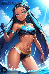 ai_generated armlet ass_visible_through_thighs bare_shoulders belly_chain bikini black_hair blue_eyes blue_eyeshadow blue_hair blue_sky blush breasts closed_mouth cloud crop_top dark-skinned_female dark_skin day earrings eyeshadow female gloves gym_leader hair_bun hoop_earrings jewelry long_hair looking_at_viewer makeup midriff multicolored_hair navel necklace nessa_(pokemon) nintendo outdoors pikkiwynn pokemon pokemon_ss single_glove single_hair_bun sky smile solo sunlight swimsuit tankini two-tone_hair very_long_hair wading water