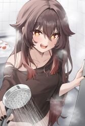 1girls ambiguous_pov bathroom bathtub black_nails blush brown_hair female g_ya_170 genshin_impact gya_(144) heavy_breathing hu_tao_(genshin_impact) looking_at_viewer nail_polish opening_door pov red_eyes shirt shower shower_head smile sweat sweating two_tone_hair