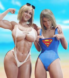 2girls 3d abs alien alien_girl batesz biceps big_breasts bikini blonde_hair blue_eyes breast_envy breast_size_difference breasts busty cleavage dc dc_comics female female_only hourglass_figure injustice_2 kara_danvers kara_zor-el kara_zor-l karen_starr kryptonian large_breasts muscular_female navel one-piece_swimsuit power_girl power_girl_(injustice) pubes pubic_hair pubic_hair_peek small_breasts sunglasses_on_head supergirl supergirl_(injustice) superman_(series) swimsuit tagme underboob wide_hips