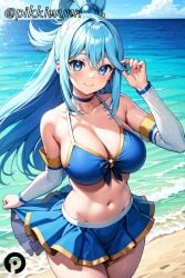 ai_generated aqua_(konosuba) bangs bare_shoulders beach bikini blue_bikini blue_choker blue_eyes blue_hair blue_skirt blue_sky blush breasts choker cleavage closed_mouth collarbone cowboy_shot day detached_sleeves female hair_ornament hair_rings hand_up kono_subarashii_sekai_ni_shukufuku_wo! large_breasts long_hair looking_at_viewer navel ocean outdoors pikkiwynn pleated_skirt skirt sky smile solo stomach swimsuit thighs water