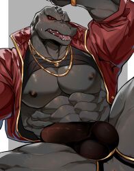 abs anthro anthro_only anus balls blush bodily_fluids bulge chung0_0 clothed clothing epic_games fortnite genital_fluids genital_outline genitals grey_body grey_scales hi_res jacket komodo_dragon lizard male male_only monitor_lizard muscular muscular_anthro muscular_male nipples open_clothing open_jacket open_mouth open_topwear pecs penis_outline precum precum_through_clothing precum_through_underwear red_clothing red_eyes red_jacket red_topwear reptile scales scalie serratus shirt solo solo_male sweat sweatdrop tank_top tenting thong thunder_(fortnite) topwear underwear wet wet_clothing