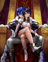 1boy 1girls armor assertive_female bare_legs better_version_at_source black_hair blue_hair blush breastplate cape commission commissioner_upload cowgirl_position female female_focus fire_emblem fire_emblem:_genealogy_of_the_holy_war headband highres larcei_(fire_emblem) legs looking_at_viewer male nervous nervous_smile nextoad nintendo pauldrons public_indecency purple_eyes reverse_cowgirl_position seliph_(fire_emblem) seliph_(scion_of_light)_(fire_emblem) short_hair shoulder_armor sitting sitting_on_lap sitting_on_person smile smug solo_focus stealth_sex sweat throne tomboy white_armor white_headband