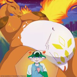 ambiguous_gender anthro areola baseball_cap belly big_belly big_breasts blush breasts chari-gal charizard city clothed clothing cricetid cutaway dragon duo extreme_size_difference female female/ambiguous fire flaming_wings genitals gigantamax_charizard gigantamax_pokemon hamster hat headgear headwear heart hi_res horn inner_ear_fluff larger_female looking_at_another lunabara macro male male/female mammal markings micro micro_on_macro nintendo nipples non-mammal_breasts nude outside pokemon pokemon_(species) pussy rodent scalie shirt size_difference sky smaller_male topwear tuft wings