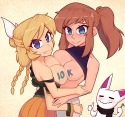 2girls 4_arms a_hat_in_time blonde_hair blue_eyes blush blushing breast_squish breasts brown_eyes brown_hair female female_only follower_celebration hair_tie happy happy_female hat_adult hat_kid large_breasts looking_at_viewer milestone_celebration multi_arm multi_limb multiple_girls nelly original ponytail purple_shirt shirt shirt_lift shirt_up shy thumbs_up tie tied_hair xyroni