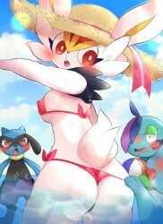 2boys 2d ambiguous_gender beach beach_hat bikini blood bunny_ears bunny_girl bunny_tail cinderace drizzile erection female female_cinderace flushed fur furry furry_only nintendo nosebleed pokemon prrrrrrmine pulling_panties red_eyes riolu vaporeon