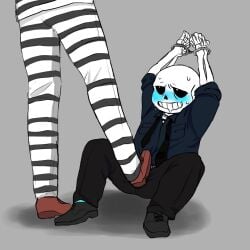 animated_skeleton blue_blush blush blushing clothed domination drool drooling eli-sin-g faceless_character foot_on_crotch grey_background handcuffed handcuffs hands_over_head kolesjoie looking_up necktie prison_clothes prison_outfit sans simple_background skeleton solo_focus stepped_on sweat undertail undertale undertale_(series) uniform unseen_character