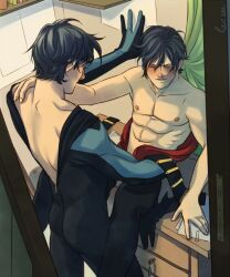 batcest batman_(series) dc dc_comics dick_grayson dicktim gay hand_against_wall hand_on_hip hand_on_shoulder male male/male male_only nightwing red_robin shirtless shirtless_(male) shirtless_male sitting_on_counter tim_drake