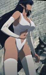 arshes_nei ass bastard!! black_hair blue_eyes breasts cleavage clothing hips large_ass large_breasts long_hair pointy_ears screencap shounen_jump stitched thighhighs thighs tummy