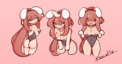 >o< 1girls areola areolae ass big_breasts big_eyes blush blushing brown_hair bunny_ears bunny_girl bunnysuit butt cameltoe clothed clothing doki_doki_literature_club embarrassed embarrassed_female female green_eyes huge_breasts large_breasts light-skinned_female light_skin long_hair monika_(doki_doki_literature_club) nipples open_mouth pinkfeeesh_(artist) ponytail showing_ass showing_off solo standing straight_face thick_thighs thighs