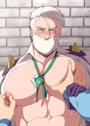 abs bara bara_tiddies bara_tits big_pecs blush blushing blushing_at_viewer drayden edd_layerex exposed_chest exposed_nipples fondling_breasts gay male male_only muscular muscular_chest muscular_male old_man older_male partially_undressed pecs pectorals pokemon pokemon_bw squish squished_breasts squishing_breasts staring staring_at_viewer white_beard white_hair wrist_grab