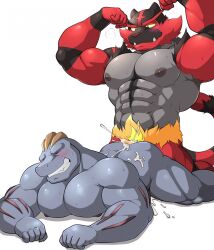 2boys abs all_fours anal anal_sex anthro ass blush bodily_fluids closed_eyes cum cum_inside cum_on_butt doggy_style duo ejaculation felid flexing flexing_biceps flexing_both_biceps from_behind_position gay generation_1_pokemon generation_7_pokemon genital_fluids hands-free hi_res humanoid incineroar machoke maldu male male/male male_only male_penetrated male_penetrating male_penetrating_male mammal muscular muscular_male nintendo nipples nude pantherine pecs penetration pokemon pokemon_(species) sex simple_background sweat white_background