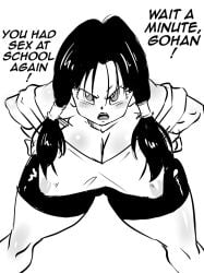 angry big_areola big_breasts big_nipples blush cleavage dragon_ball dragon_ball_z erect_nipples erect_nipples_under_clothes hanging_breasts huge_breasts leaning_forward nipple_bulge rickert_kai see-through see-through_clothing solo son_gohan tagme thick_thighs videl