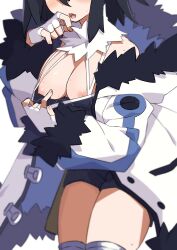 1girls asagi_asagiri blush breasts disgaea exposed_breasts female flashing_breasts large_breasts makai_kingdom makai_wars morisobo nippon_ichi_software no_bra obscured_eyes shirt_up solo thighs