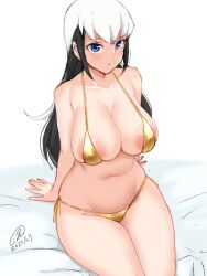 1girls 9rimson areola_slip big_breasts bikini black_hair blue_eyes eugene_chaud female large_breasts light-skinned_female mega_man mega_man_battle_network micro_bikini rule_63 solo two-tone_hair white_hair wide_hips