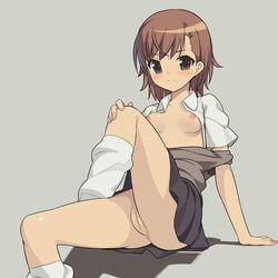 1girls arm_support breasts brown_eyes brown_hair fat_mons female female_only huge_eyes human innie_pussy kneehighs loose_socks misaka_mikoto munashi_mujou nipples no_bra no_panties open_clothes open_shirt pointy_chin pussy school_uniform schoolgirl shirt short_hair simple_background sitting skirt smile socks solo teenage_girl teenager to_aru_kagaku_no_railgun to_aru_majutsu_no_index tokiwadai_school_uniform uncensored upskirt white_socks young