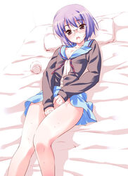 blush cardigan female female_only glasses hoshizaki_hikaru human lying masturbation nagato_yuki no_panties purple_eyes purple_hair pussy_juice school_uniform short_hair skirt solo straight_hair suzumiya_haruhi_no_shoushitsu suzumiya_haruhi_no_yuuutsu wet