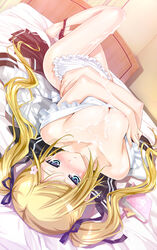 1girls bed blonde_hair blue_eyes blush book breasts cum cum_on_body cum_on_breasts cum_on_upper_body female female_only hair_ribbon happoubi_jin kanojo_x_kanojo_x_kanojo lying naked_apron nipple_slip nipples orifushi_mafuyu ribbon solo tied_hair twintails