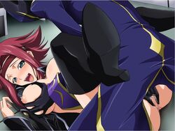 1boy 1girls aquamu blush boots breast_grab breasts censored code_geass erection female fingering foreplay gloves headband helmet high_heels human kallen_stadtfeld lelouch_lamperouge male missionary naughty_face naughty_smile nipples open_mouth penis precum pussy_juice red_hair saliva sex shoes short_hair smile sweat thighhighs yamagarasu zero_(code_geass)