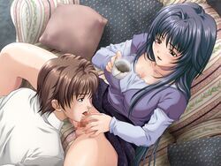 1boy 1girls between_legs breasts brown_hair casual casual_sex censored cleavage clothing couch cunnilingus cup dutch_angle female game_cg happy_sex kokubunji_kotomi long_hair miboujin mochizuki_nozomu oral oral_sex pillow pussy pussy_juice short_hair sitting skirt skirt_lift smile spread_legs spread_pussy steam sweat tea teacup very_long_hair yellow_eyes