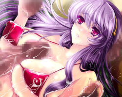 athena_asamiya bikini bikini_top breasts censored erect_nipples female group_sex huge_breasts human king_of_fighters male micro_bikini paizuri penis princess_athena purple_eyes purple_hair riria sex snk straight string_bikini swimsuit