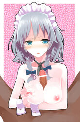 blue_eyes braid breasts censored kakei penis sakuya_izayoi short_hair silver_hair solo touhou twin_braids