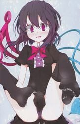 black_hair black_panties cum cum_on_body cum_on_lower_body cum_string feet highres legs nue_houjuu page_10 page_number panties pantyshot pantyshot_(sitting) pantyshot_sitting pov_feet purple_eyes scan scan_artifacts short_hair sitting thighhighs touhou underwear usotsukiya wings