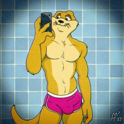 1:1 2022 4_fingers animalympics anthro brown_body brown_eyes brown_fur bulge cellphone clothing dean_wilson fabfelipe fingers fur genital_outline half-closed_eyes hi_res male male_only mammal mustelid narrowed_eyes navel otter penis_outline phone selfie shirtless shower_room signature smile solo swimwear taking_picture tan_body tan_fur