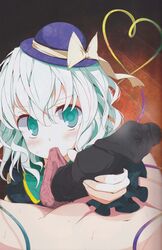 1boy 1girls ball_sucking biting bow cock_sleeve cock_sleeve_(clothes) cum_in_sock feet footwear green_eyes green_hair hat highres koishi_komeiji penis pubic_hair scan scan_artifacts short_hair sock_on_penis sockjob straight testicle_biting testicles touhou uncensored usotsukiya