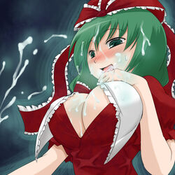 breasts cleavage cum cum_in_mouth cum_on_body cum_on_breasts cum_on_hair cum_on_tongue cum_on_upper_body ejaculation facial green_eyes green_hair hair_ribbon kagiyama_hina large_breasts oro_(zetsubou_girl) penis ribbon tongue touhou