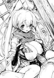 cleavage female huge_breasts kaitaishinsho_zero male monochrome mutsutake paizuri penis ponytail scarf straight straight_hair tied_hair uncensored