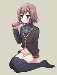 1boy baka_to_test_to_shoukanjuu bar_censor blush brown_hair censor_bar censored censored_penis crossdressing dildo empty_eyes erection femboy foreskin futase_hikaru girly green_eyes hair_ornament hairclip high_resolution human human_only kinoshita_hideyoshi male male_only necktie penis precum school_uniform serafuku short_hair sitting solo testicles thighhighs veiny_penis wariza