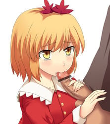 :>= blonde_hair brown_eyes censored cum fellatio hair_ornament leaf oral penis shibaraku shizuha_aki short_hair solo touhou