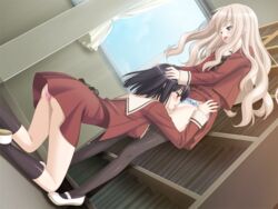 2girls black_hair blonde_hair blue_eyes blush censored cunnilingus female female_only game_cg hand_on_head kawamura_reo knighthood library long_hair multiple_girls oral panties peko pussy_juice red_eyes sawaguchi_mai school_uniform short_hair sono_hanabira_ni_kuchizuke_wo standing_yuri thighhighs underwear upskirt yuri