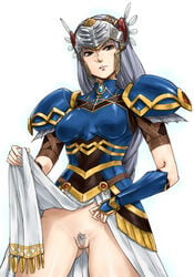 armored_dress braid censored grey_hair gus_(clarkii) helmet lenneth_valkyrie long_hair pubic_hair pussy shoulder_pads valkyrie_profile