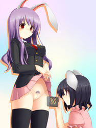 black_hair blazer brown_hair bunny_ear camcorder camera long_hair necktie no_panties photographic_proof pubic_hair purple_hair pussy red_eyes reisen_udongein_inaba short_hair skirt skirt_lift tewi_inaba thighhighs touhou tsukumiya_amane uncensored