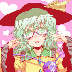 blush cum cum_on_clothes cum_on_glasses face facial glasses green_eyes green_hair hat heart koishi_komeiji kumadano monocle short_hair smile tongue touhou