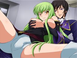 aquamu blush breast_grab breasts brown_eyes brown_hair c.c. cameltoe code_geass erect_nipples gloves green_hair large_breasts lelouch_lamperouge long_hair naughty_face naughty_smile purple_eyes short_hair short_shorts shorts smile spread_legs sweat underboob yamagarasu