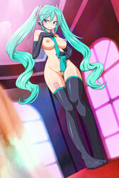 1girls aqua_hair blush breasts colored_pubic_hair condom elbow_gloves female female_only female_pubic_hair functionally_nude gloves green_eyes green_hair hatsune_miku headphones headset highres large_breasts latex latex_gloves legs long_hair necktie nipples nude pubic_hair pussy pussy_juice shiny smiling solo thighhighs tied_hair twintails uncensored very_long_hair vocaloid zaxwu